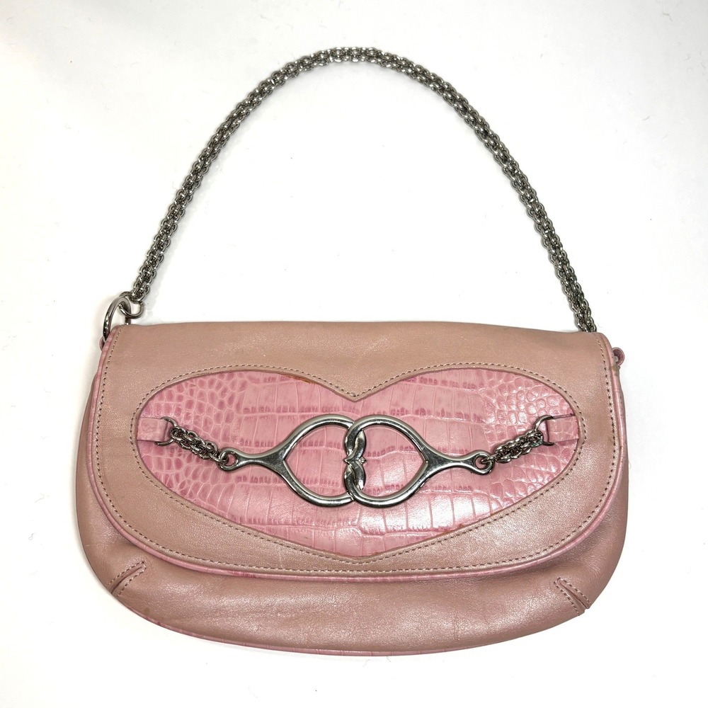 Vtg Lovcat Paris Shoulder Bag Leather Women Small Pink Croc Heart Y2K Barbiecore